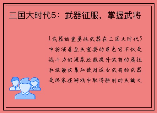 三国大时代5：武器征服，掌握武将